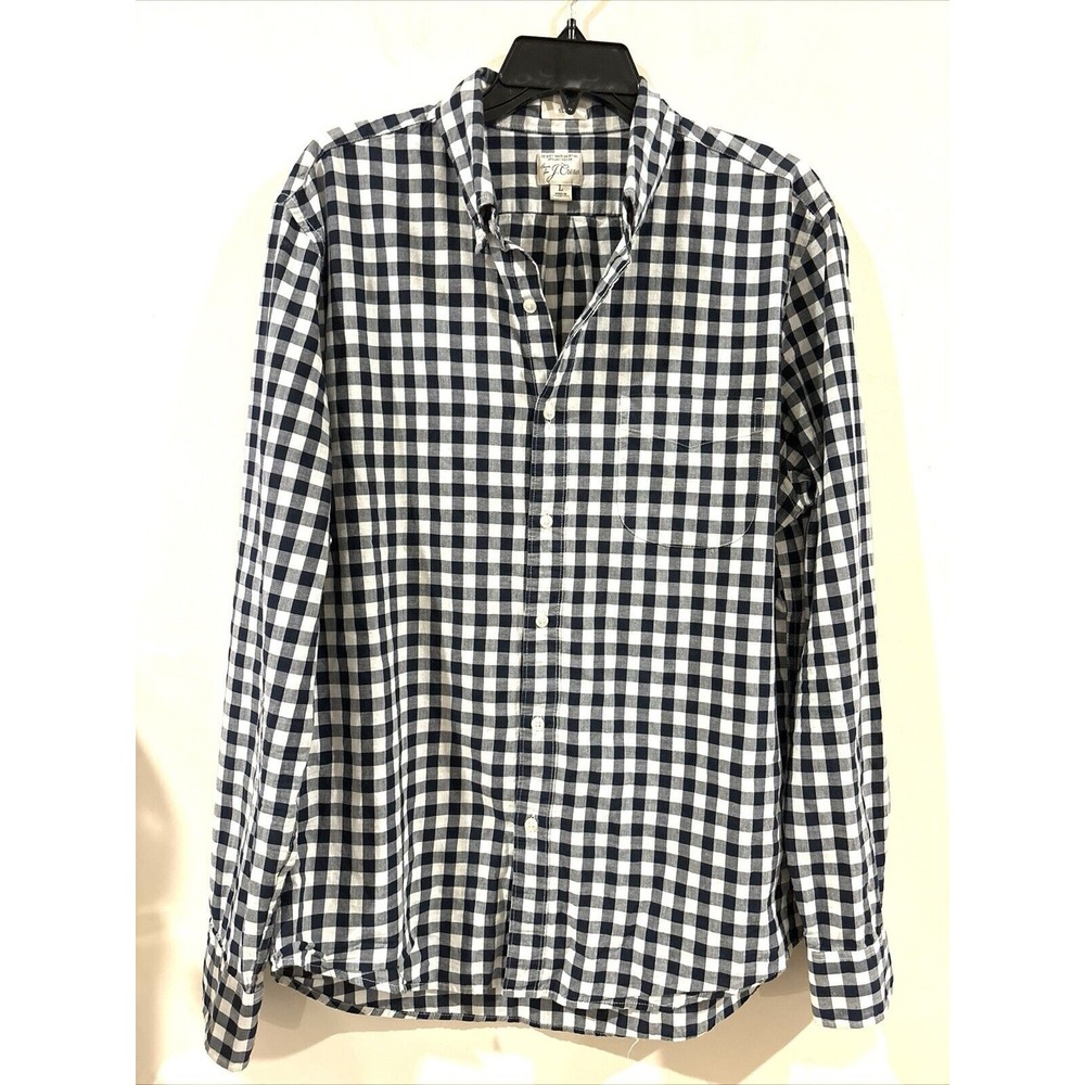 J. Crew Slim 100% Organic Cotton Shirt Mens L Large Navy & White Gingham Plaid